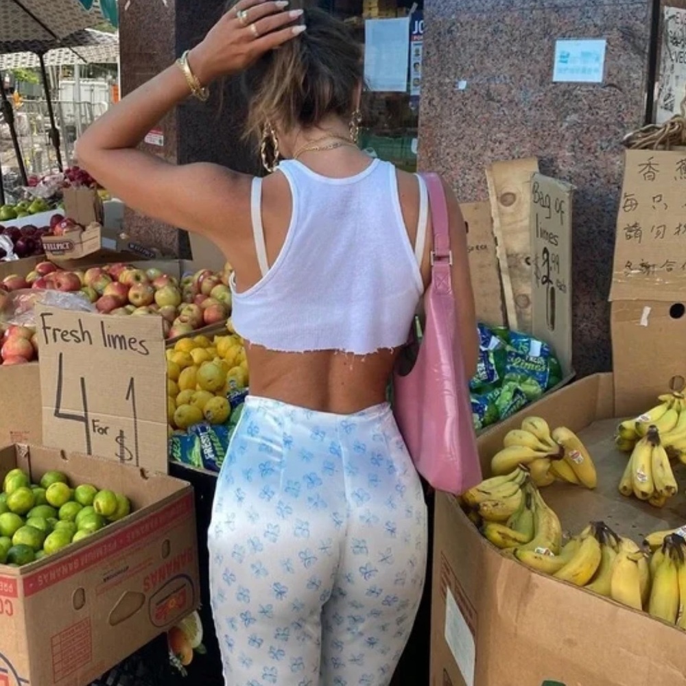 Heavy Manners 🦋 Silky Butterfly Pants Small White Blue Trouser Fitted Satin